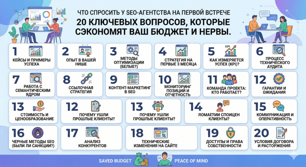 Что спросить у SEO агентства на первой встрече: 20 ключевых вопросов, которые сэкономят ваш бюджет и нервы